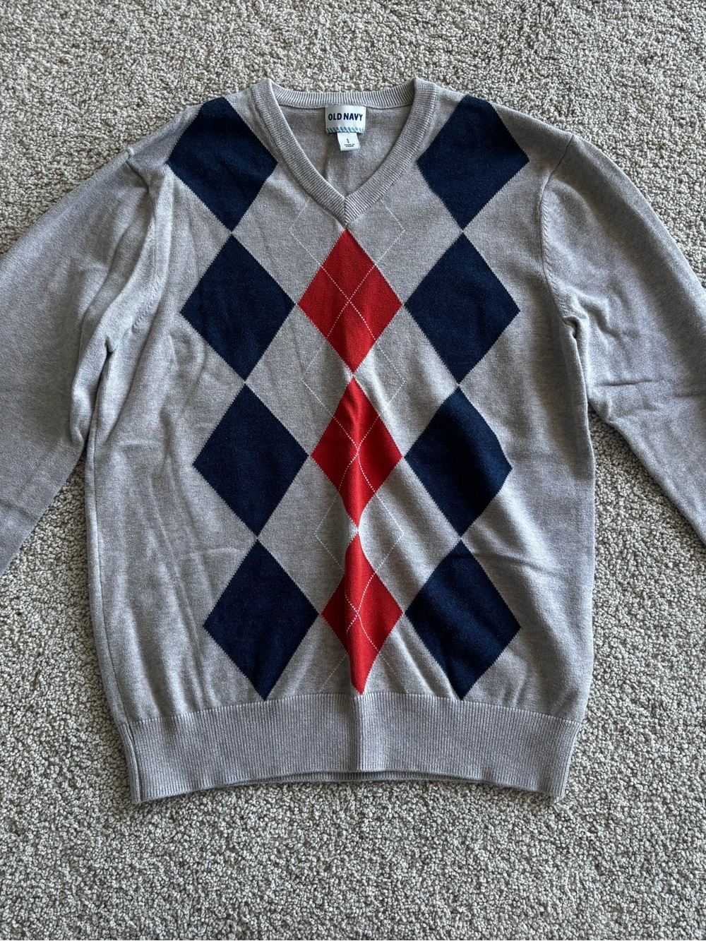 Old Navy Taupe V-Neck Argyle Sweater with Navy & Orange Diamonds